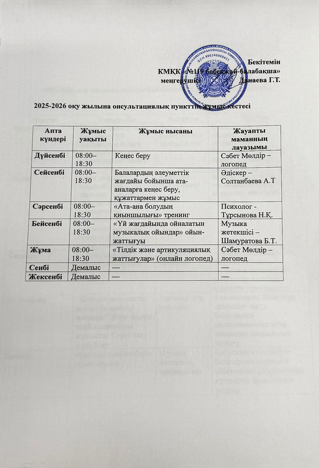 2025–2026 оқу жылына арналған консультациялық пункттің жұмыс кестесі